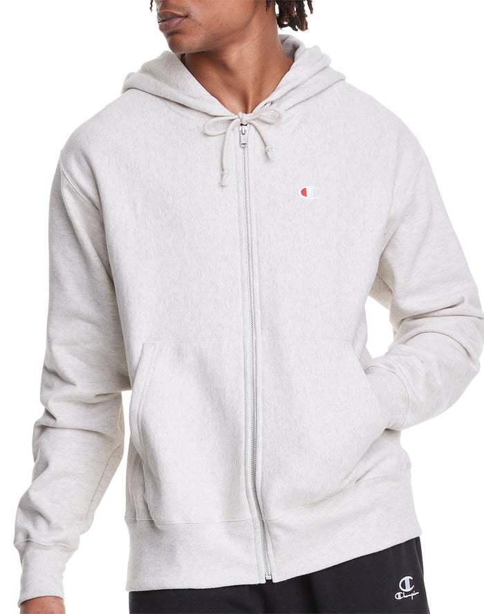 Champion Reverse Weave Full Zip C Logo Erkek Kapşonlu Sweatshirt Beyaz ( RIEDBP340 )